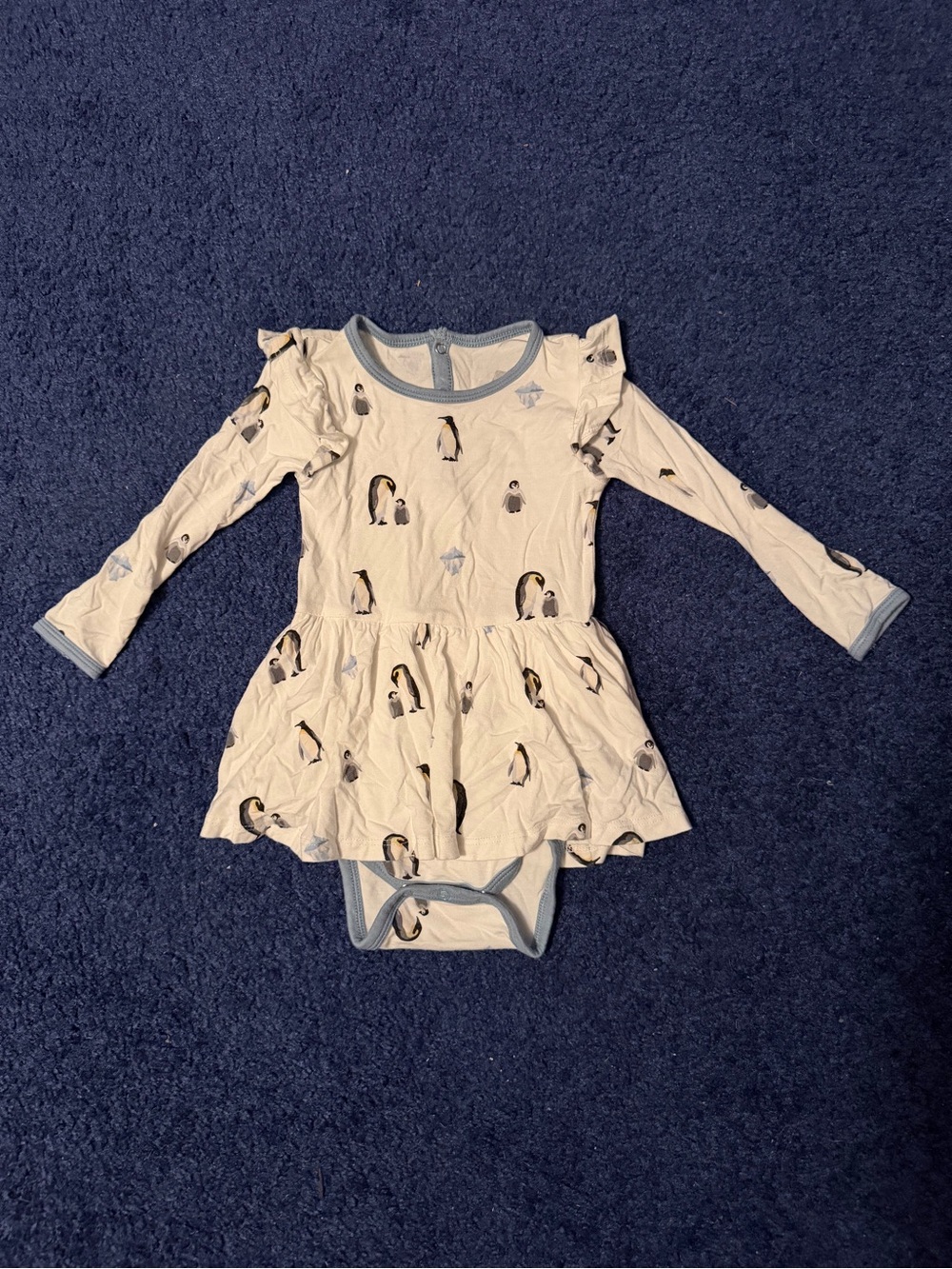 Kyte Baby Penguin Skater Dress Bodysuit - Cream with Blue Trim